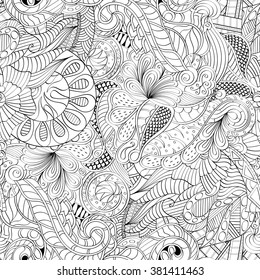 Tracery seamless calming pattern. Mehndi design. Neat even monochrome binary harmonious texture. Algae sea motif. Ethnically indifferent. Ambiguous usable bracing, curved doodling mehendi. Vector.
