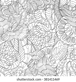 Tracery seamless calming pattern. Mehndi design. Neat even monochrome binary harmonious texture. Algae sea motif. Ethnically indifferent. Ambiguous usable bracing, curved doodling mehendi. Vector.