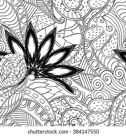 Tracery seamless calming pattern. Mehndi design. Neat even monochrome binary harmonious texture. Algae sea motif. Ethnically indifferent. Ambiguous usable bracing, curved doodling mehendi. Vector.