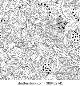 Tracery seamless calming pattern. Mehndi design. Neat even monochrome binary harmonious texture. Algae sea motif. Ethnically indifferent. Ambiguous usable bracing, curved doodling mehendi. Vector.