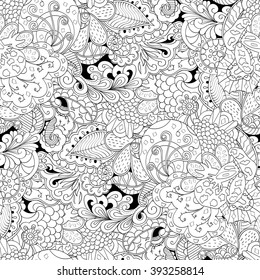 Tracery seamless calming pattern. Mehndi design. Neat even monochrome binary harmonious texture. Algae sea motif. Ethnically indifferent. Ambiguous usable bracing, curved doodling mehendi. Vector.