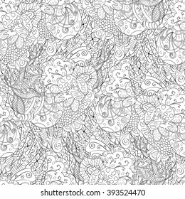 Tracery seamless calming pattern. Mehndi design. Monochrome binary harmonious texture. Curved doodling mehendi. Vector.