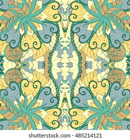 Tracery seamless calming pattern. Mehndi design. Ethnic green doodle texture. Indifferent discreet. Curved doodling mehndi motif. Vector.