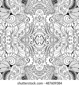 Tracery seamless calming pattern. Mehndi design. Ethnic monochrome binary doodle texture. Curved doodling black and white background. Vector.