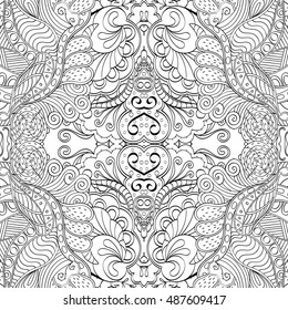 Tracery seamless calming pattern. Mehndi design. Ethnic monochrome binary doodle texture. Curved doodling black and white background. Vector.