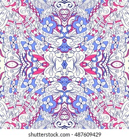 Tracery seamless calming pattern. Mehndi design. Ethnic colorful doodle texture. Curved doodling background. Vector.