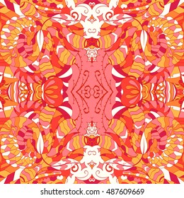 Tracery seamless calming pattern. Mehndi design. Ethnic colorful doodle texture. Curved doodling background. Vector.