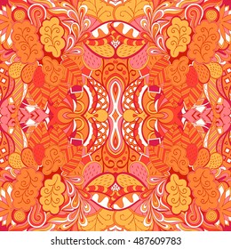 Tracery seamless calming pattern. Mehndi design. Ethnic colorful doodle texture. Curved doodling background. Vector.