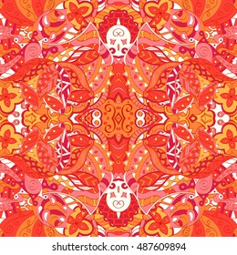 Tracery seamless calming pattern. Mehndi design. Ethnic colorful doodle texture. Curved doodling background. Vector.