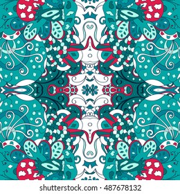 Tracery seamless calming pattern. Mehndi design. Ethnic colorful doodle texture. Curved doodling background. Vector.