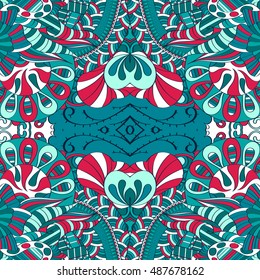 Tracery seamless calming pattern. Mehndi design. Ethnic colorful doodle texture. Curved doodling background. Vector.