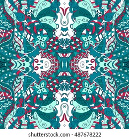 Tracery seamless calming pattern. Mehndi design. Ethnic colorful doodle texture. Curved doodling background. Vector.