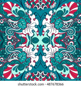 Tracery seamless calming pattern. Mehndi design. Ethnic colorful doodle texture. Curved doodling background. Vector.