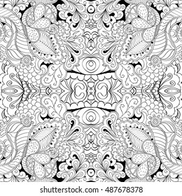 Tracery seamless calming pattern. Mehndi design. Ethnic monochrome binary doodle texture. Curved doodling black and white background. Vector.