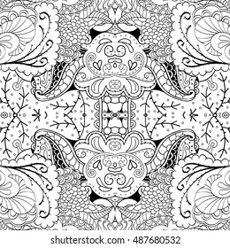 Tracery seamless calming pattern. Mehndi design. Ethnic monochrome binary doodle texture. Curved doodling black and white background. Vector.