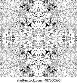 Tracery seamless calming pattern. Mehndi design. Ethnic monochrome binary doodle texture. Curved doodling black and white background. Vector.