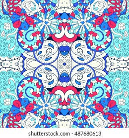 Tracery seamless calming pattern. Mehndi design. Ethnic colorful doodle texture. Curved doodling background. Vector.