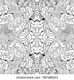 Tracery seamless calming pattern. Mehndi design. Ethnic monochrome binary doodle texture. Curved doodling black and white background. Vector.