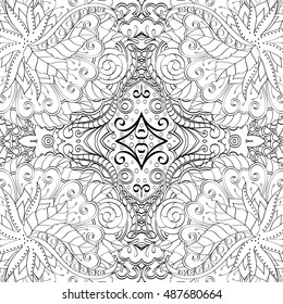 Tracery seamless calming pattern. Mehndi design. Ethnic monochrome binary doodle texture. Curved doodling black and white background. Vector.