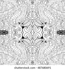 Tracery seamless calming pattern. Mehndi design. Ethnic monochrome binary doodle texture. Curved doodling black and white background. Vector.