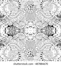 Tracery seamless calming pattern. Mehndi design. Ethnic monochrome binary doodle texture. Curved doodling black and white background. Vector.