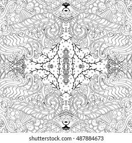 Tracery seamless calming pattern. Mehndi design. Ethnic monochrome binary doodle texture. Curved doodling black and white background. Vector.
