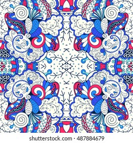 Tracery seamless calming pattern. Mehndi design. Ethnic colorful doodle texture. Curved doodling background. Vector.