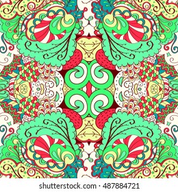 Tracery seamless calming pattern. Mehndi design. Ethnic colorful doodle texture. Curved doodling background. Vector.