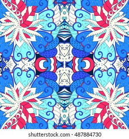 Tracery seamless calming pattern. Mehndi design. Ethnic colorful doodle texture. Curved doodling background. Vector.