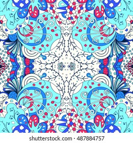 Tracery seamless calming pattern. Mehndi design. Ethnic colorful doodle texture. Curved doodling background. Vector.