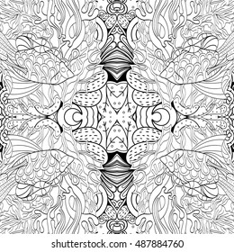 Tracery seamless calming pattern. Mehndi design. Ethnic monochrome binary doodle texture. Curved doodling black and white background. Vector.