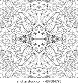 Tracery seamless calming pattern. Mehndi design. Ethnic monochrome binary doodle texture. Curved doodling black and white background. Vector.