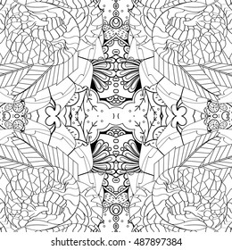 Tracery seamless calming pattern. Mehndi design. Ethnic monochrome binary doodle texture. Curved doodling black and white background. Vector.