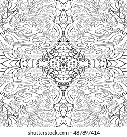 Tracery seamless calming pattern. Mehndi design. Ethnic monochrome binary doodle texture. Curved doodling black and white background. Vector.