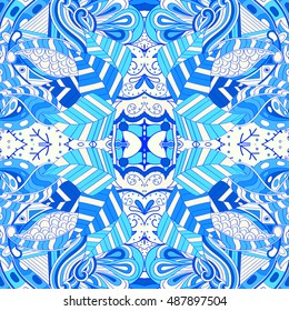 Tracery seamless calming pattern. Mehndi design. Ethnic colorful doodle texture. Curved doodling background. Vector.