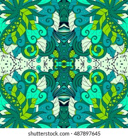 Tracery seamless calming pattern. Mehndi design. Ethnic colorful doodle texture. Curved doodling background. Vector.