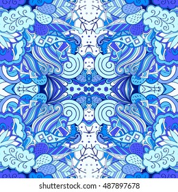 Tracery seamless calming pattern. Mehndi design. Ethnic colorful doodle texture. Curved doodling background. Vector.