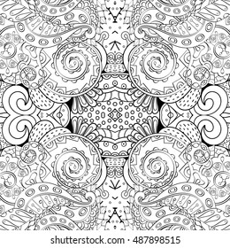 Tracery seamless calming pattern. Mehndi design. Ethnic monochrome binary doodle texture. Curved doodling black and white background. Vector.