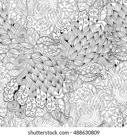 Tracery seamless calming pattern. Mehndi design. Ethnic monochrome binary doodle texture. Curved doodling black and white background. Vector.