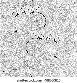 Tracery seamless calming pattern. Mehndi design. Ethnic monochrome binary doodle texture. Curved doodling black and white background. Vector.