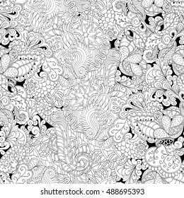 Tracery seamless calming pattern. Mehndi design. Ethnic monochrome binary doodle texture. Curved doodling black and white background. Vector.