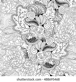 Tracery seamless calming pattern. Mehndi design. Ethnic monochrome binary doodle texture. Curved doodling black and white background. Vector.