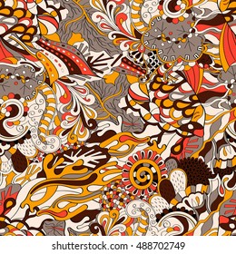 Tracery seamless calming pattern. Mehndi design. Ethnic colorful doodle texture. Curved doodling background. Vector.