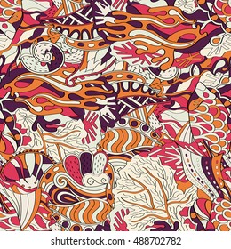 Tracery seamless calming pattern. Mehndi design. Ethnic colorful doodle texture. Curved doodling background. Vector.