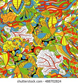 Tracery seamless calming pattern. Mehndi design. Ethnic colorful doodle texture. Curved doodling background. Vector.