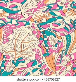 Tracery seamless calming pattern. Mehndi design. Ethnic colorful doodle texture. Curved doodling background. Vector.
