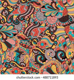 Tracery seamless calming pattern. Mehndi design. Ethnic colorful doodle texture. Curved doodling background. Vector.