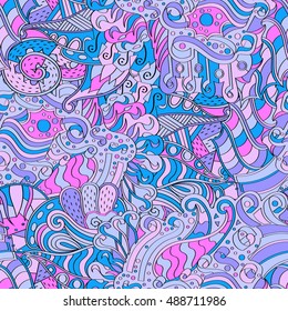 Tracery seamless calming pattern. Mehndi design. Ethnic colorful doodle texture. Curved doodling background. Vector.