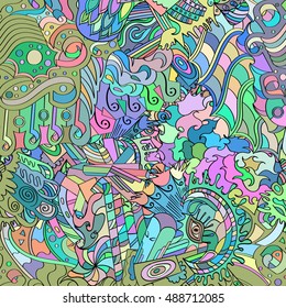 Tracery seamless calming pattern. Mehndi design. Ethnic colorful doodle texture. Curved doodling background. Vector.