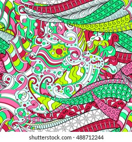 Tracery seamless calming pattern. Mehndi design. Ethnic colorful doodle texture. Curved doodling background. Vector.